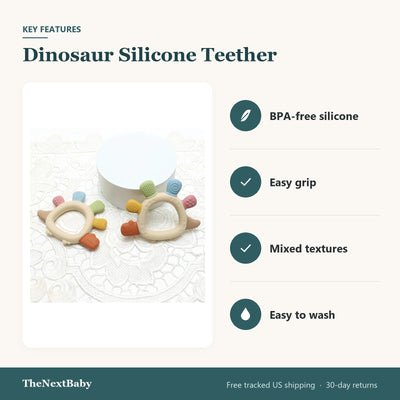 Key features of the Dinosaur Silicone Teether, BPA-Free: BPA-free silicone, easy grip, mixed textures, easy to wash