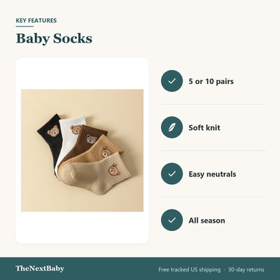 Key features of the Baby Socks with Bear Design, 5 or 10 Pairs: 5 or 10 pairs, soft knit, easy neutrals, all season