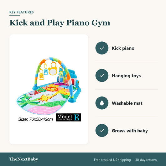 Key features of the Kick and Play Piano Gym, Baby Activity Mat: kick piano, hanging toys, washable mat, grows with baby