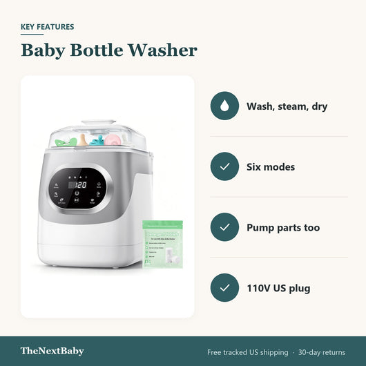 Key features of the Baby Bottle Washer, Sterilizer and Dryer: wash, steam, dry, six modes, pump parts too, 110V US plug