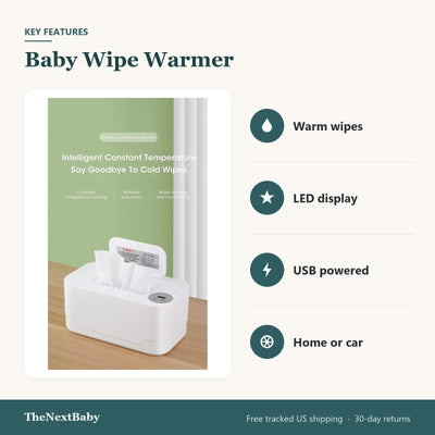 Key features of the Baby Wipe Warmer with LED Display, USB: warm wipes, LED display, USB powered, home or car