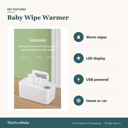 Key features of the Baby Wipe Warmer with LED Display, USB: warm wipes, LED display, USB powered, home or car