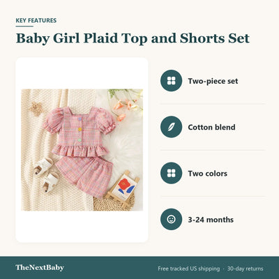 Key features of the Baby Girl Plaid Top and Shorts Set: two-piece set, cotton blend, two colors, 3-24 months