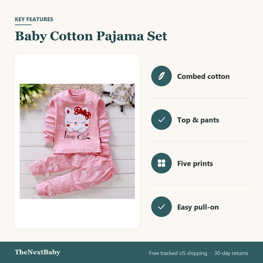 Key features of the Baby Cotton Pajama Set, Top and Pants: combed cotton, top & pants, five prints, easy pull-on