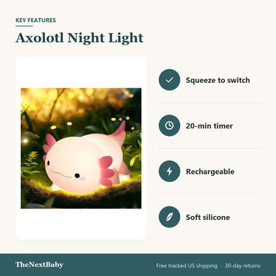 Key features of the Axolotl Night Light, Silicone, Rechargeable: squeeze to switch, 20-min timer, rechargeable, soft silicone