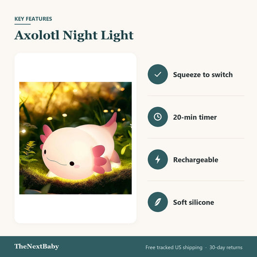 Key features of the Axolotl Night Light, Silicone, Rechargeable: squeeze to switch, 20-min timer, rechargeable, soft silicone