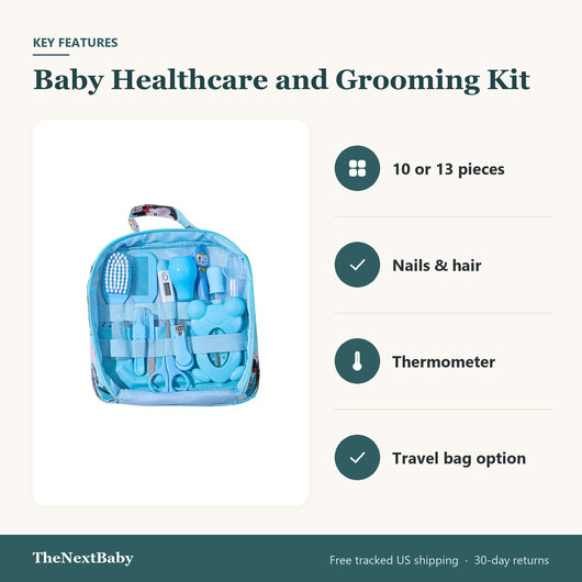 Key features of the Baby Healthcare and Grooming Kit, 10 or 13 Pieces: 10 or 13 pieces, nails & hair, thermometer, travel bag option