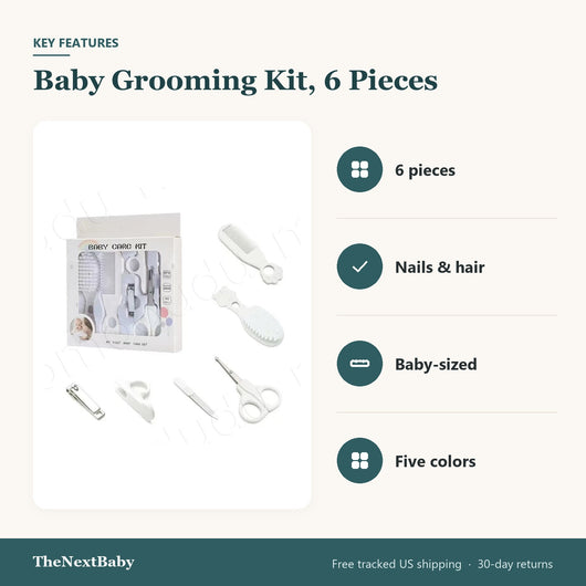 Key features of the Baby Grooming Kit, 6 Pieces: 6 pieces, nails & hair, baby-sized, five colors