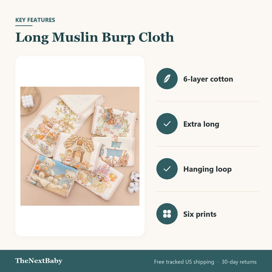 Key features of the Long Muslin Burp Cloth with Storybook Print: 6-layer cotton, extra long, hanging loop, six prints