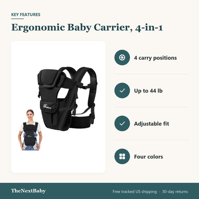 Key features of the Ergonomic Baby Carrier, 4-in-1: 4 carry positions, up to 44 lb, adjustable fit, four colors