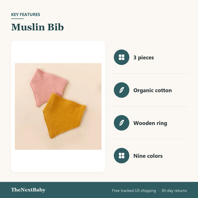 Key features of the Muslin Bib, Burp Cloth and Teething Ring Set: 3 pieces, organic cotton, wooden ring, nine colors