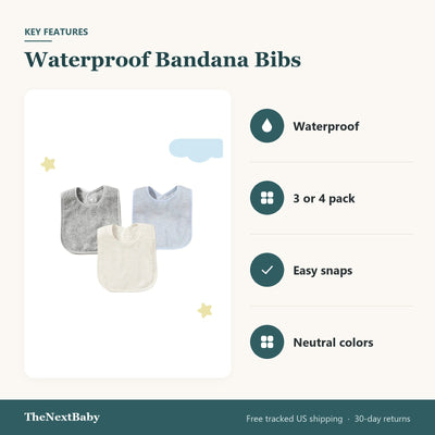 Key features of the Waterproof Bandana Bibs, 3 or 4 Pack: waterproof, 3 or 4 pack, easy snaps, neutral colors