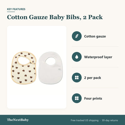 Key features of the Cotton Gauze Baby Bibs, 2 Pack: cotton gauze, waterproof layer, 2 per pack, four prints