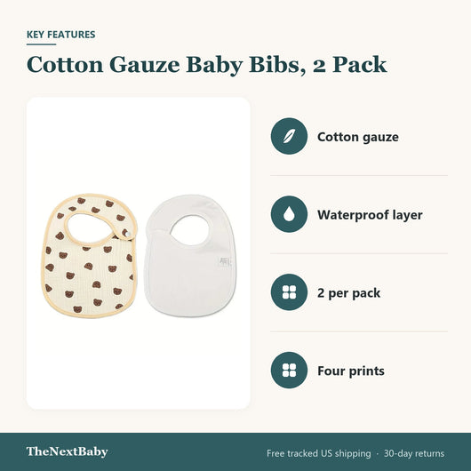 Key features of the Cotton Gauze Baby Bibs, 2 Pack: cotton gauze, waterproof layer, 2 per pack, four prints