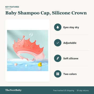 Key features of the Baby Shampoo Cap, Silicone Crown: eyes stay dry, adjustable, soft silicone, two colors