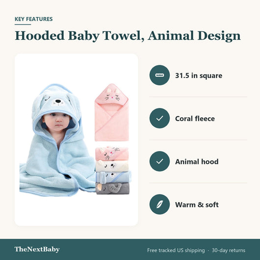 Key features of the Hooded Baby Towel, Animal Design: 31.5 in square, coral fleece, animal hood, warm & soft