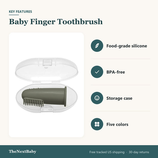 Key features of the Baby Finger Toothbrush, Silicone, with Case: food-grade silicone, BPA-free, storage case, five colors
