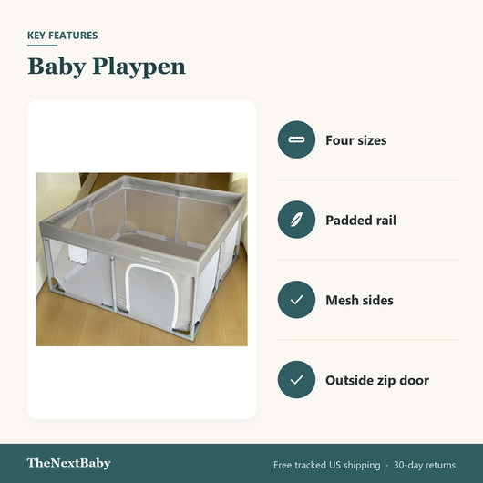 Key features of the Baby Playpen with Padded Rails, 4 Sizes: four sizes, padded rail, mesh sides, outside zip door