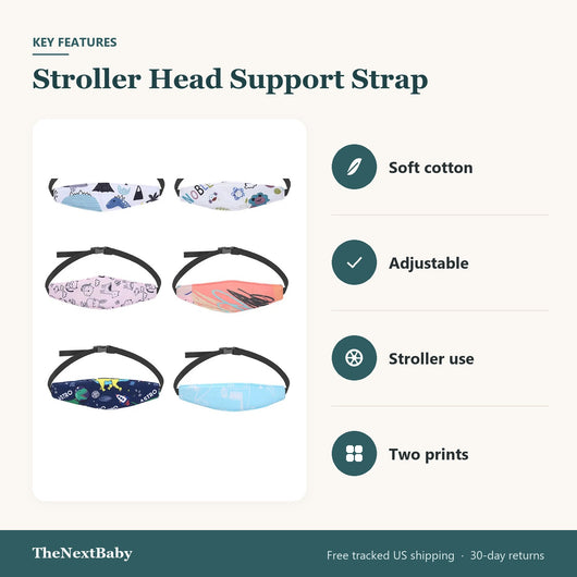 Key features of the Stroller Head Support Strap: soft cotton, adjustable, stroller use, two prints