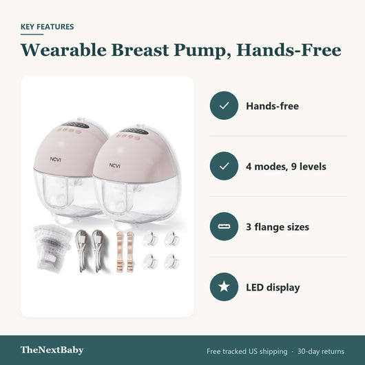 Key features of the Wearable Breast Pump, Hands-Free: hands-free, 4 modes, 9 levels, 3 flange sizes, LED display