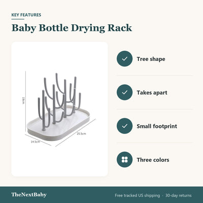 Key features of the Baby Bottle Drying Rack, Tree Design: tree shape, takes apart, small footprint, three colors