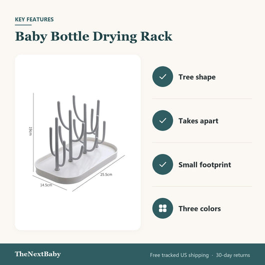 Key features of the Baby Bottle Drying Rack, Tree Design: tree shape, takes apart, small footprint, three colors