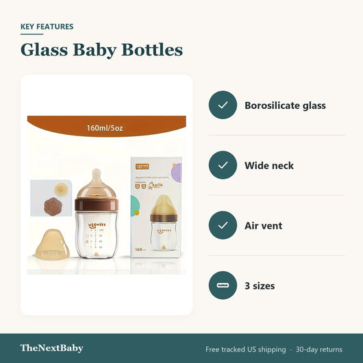 Key features of the Glass Baby Bottles, Wide Neck, 4, 5.4 or 8 oz: borosilicate glass, wide neck, air vent, 3 sizes