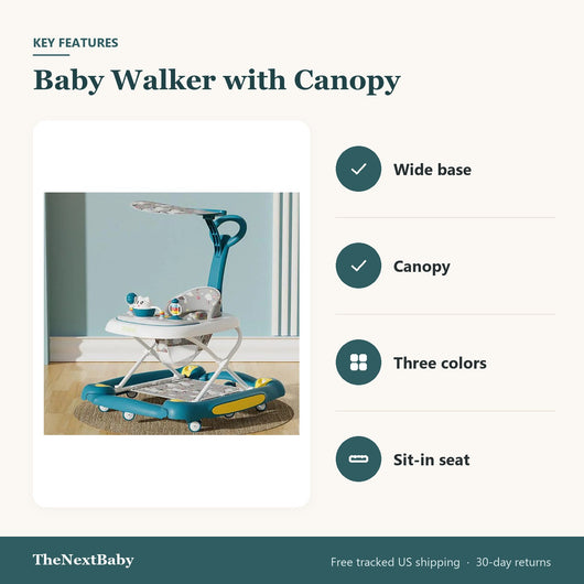 Key features of the Baby Walker with Canopy: wide base, canopy, three colors, sit-in seat