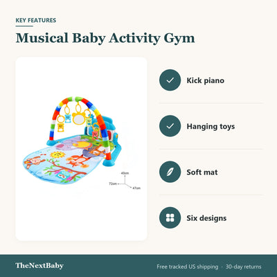 Key features of the Musical Baby Activity Gym with Piano: kick piano, hanging toys, soft mat, six designs