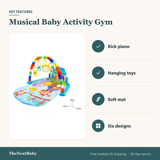 Key features of the Musical Baby Activity Gym with Piano: kick piano, hanging toys, soft mat, six designs