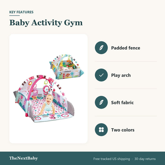 Key features of the Baby Activity Gym with Padded Fence: padded fence, play arch, soft fabric, two colors