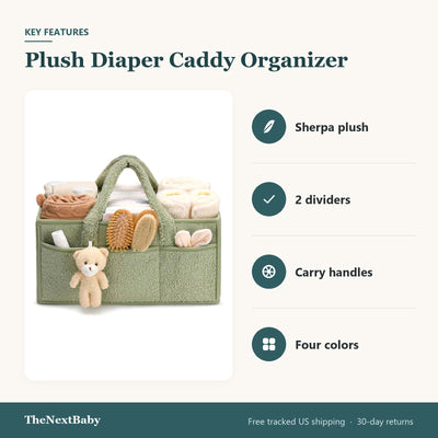Key features of the Plush Diaper Caddy Organizer with Teddy Charm: sherpa plush, 2 dividers, carry handles, four colors