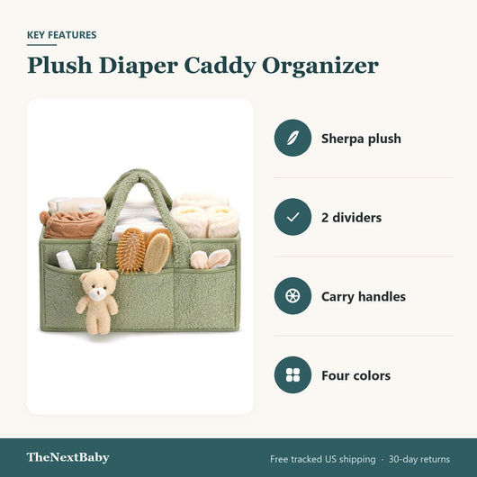 Key features of the Plush Diaper Caddy Organizer with Teddy Charm: sherpa plush, 2 dividers, carry handles, four colors