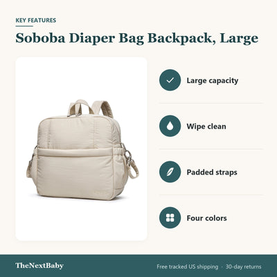 Key features of the Soboba Diaper Bag Backpack, Large: large capacity, wipe clean, padded straps, four colors