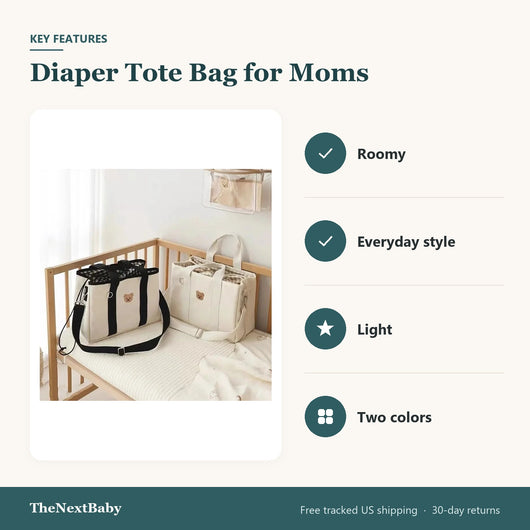 Key features of the Diaper Tote Bag for Moms: roomy, everyday style, light, two colors