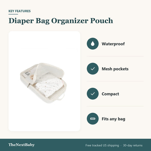 Key features of the Diaper Bag Organizer Pouch, Waterproof: waterproof, mesh pockets, compact, fits any bag