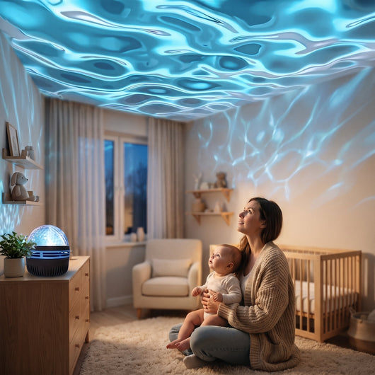 Mother and baby watching ocean-wave light from the star projector