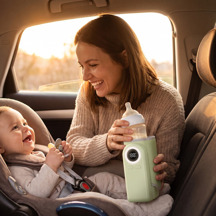Mother using the portable bottle warmer on a car ride with her smiling baby