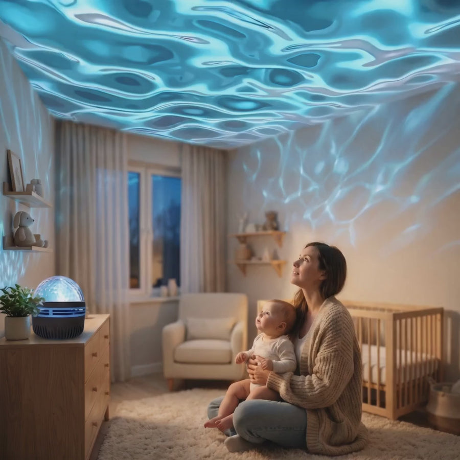 Ocean-wave light drifting across a nursery ceiling