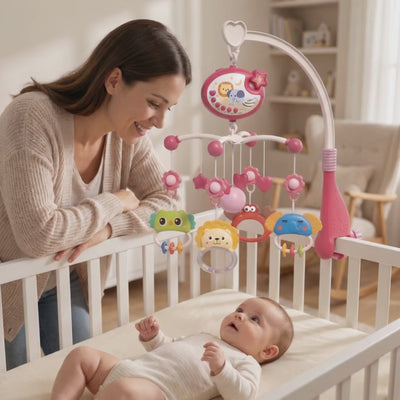 Musical crib mobile turning above a baby